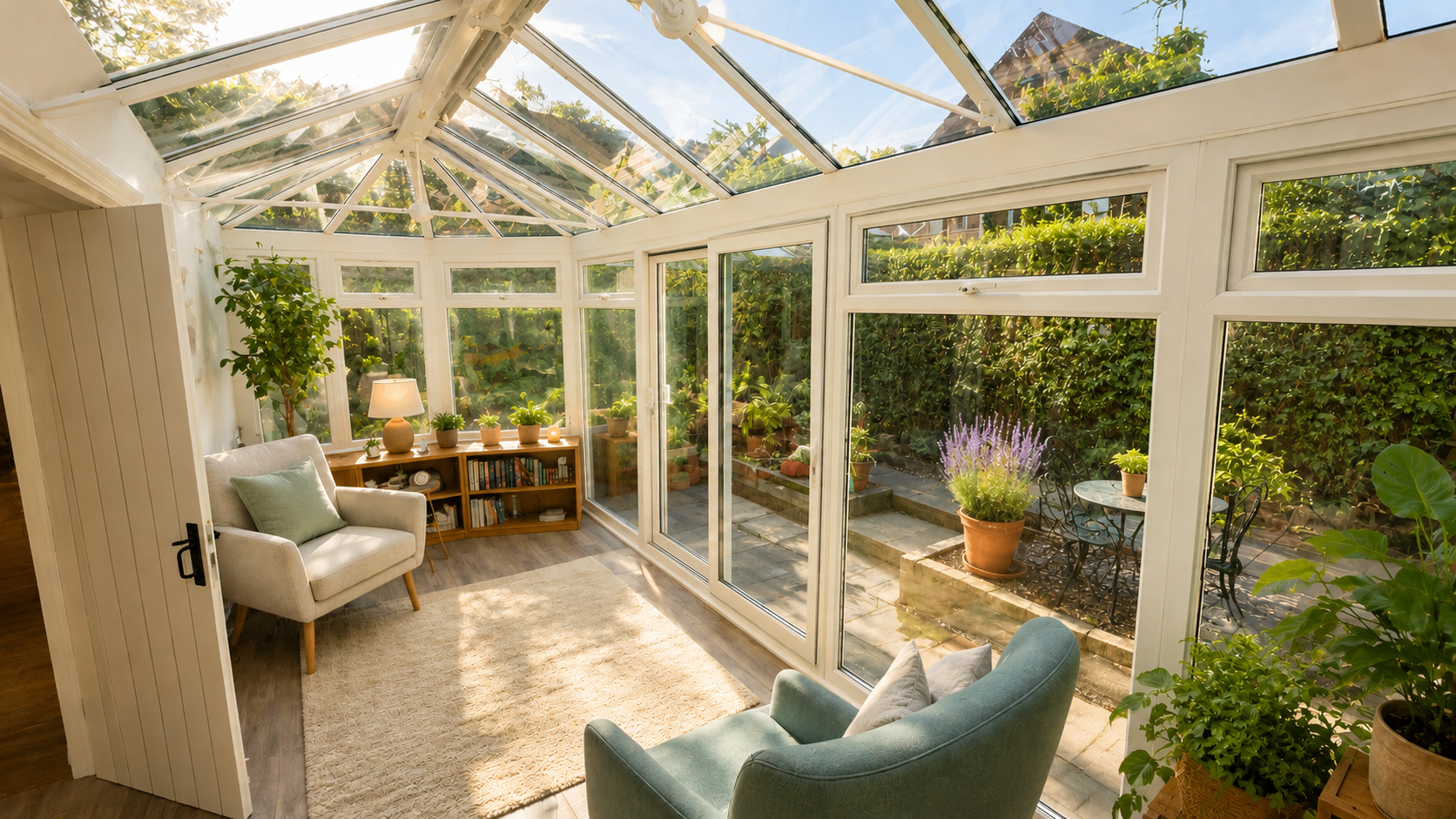 The bright garden room with glass roof and comfortable seating
