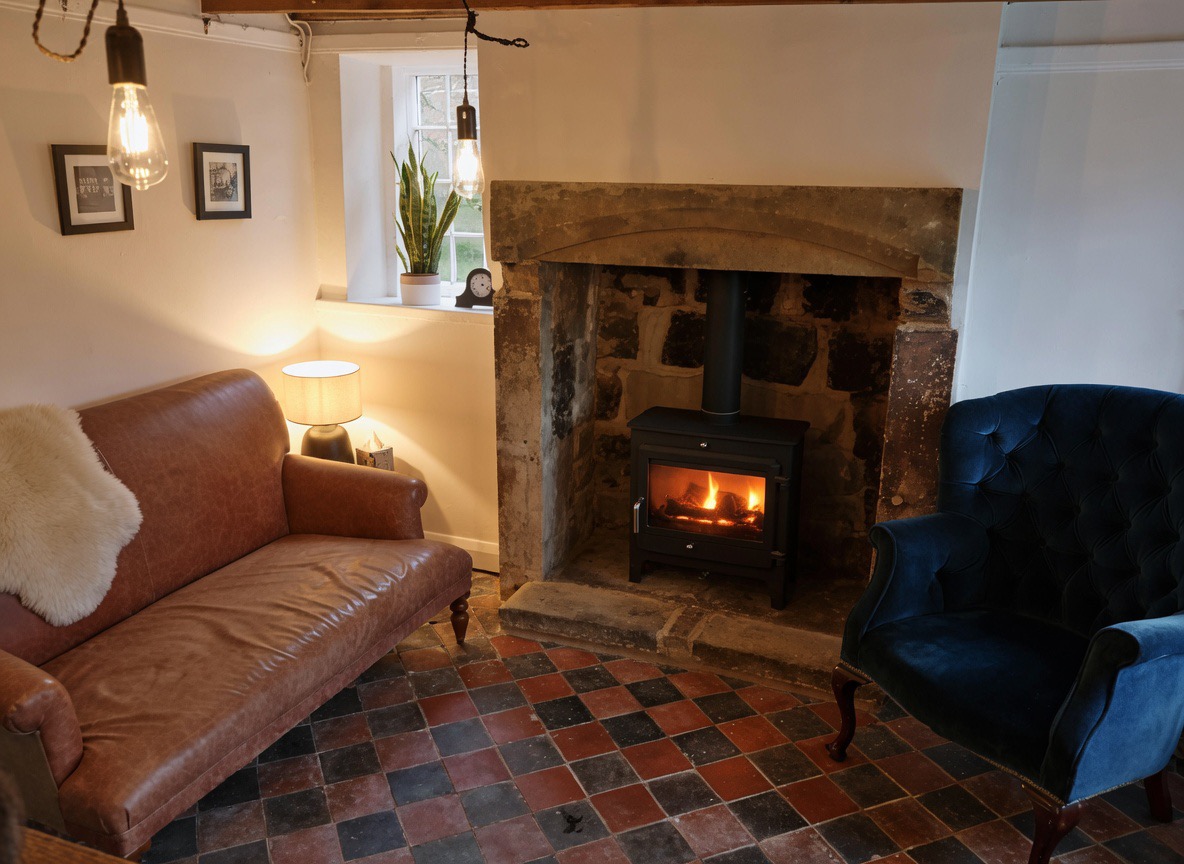 The therapy room — a cosy space with a lit wood-burning stove, leather sofa and velvet armchair