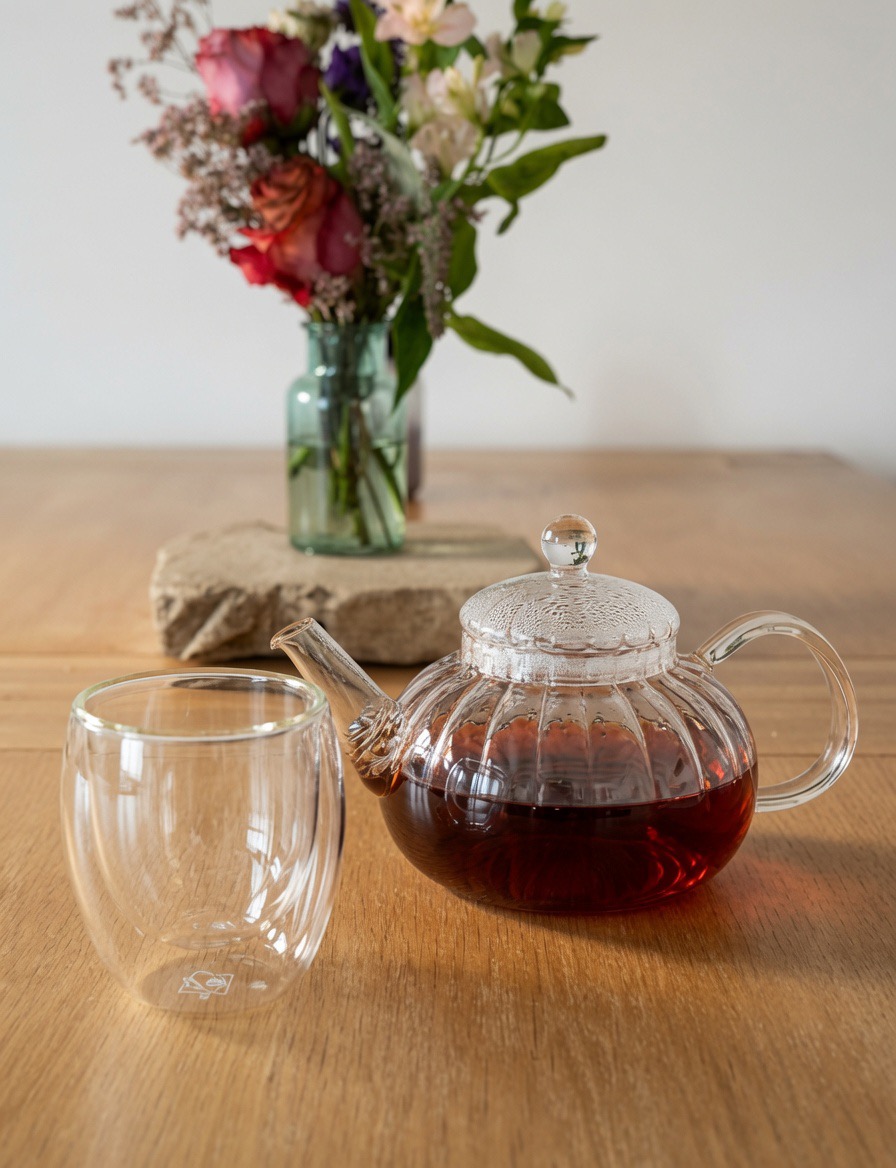 A glass teapot with fresh tea and a small vase of roses on a wooden table