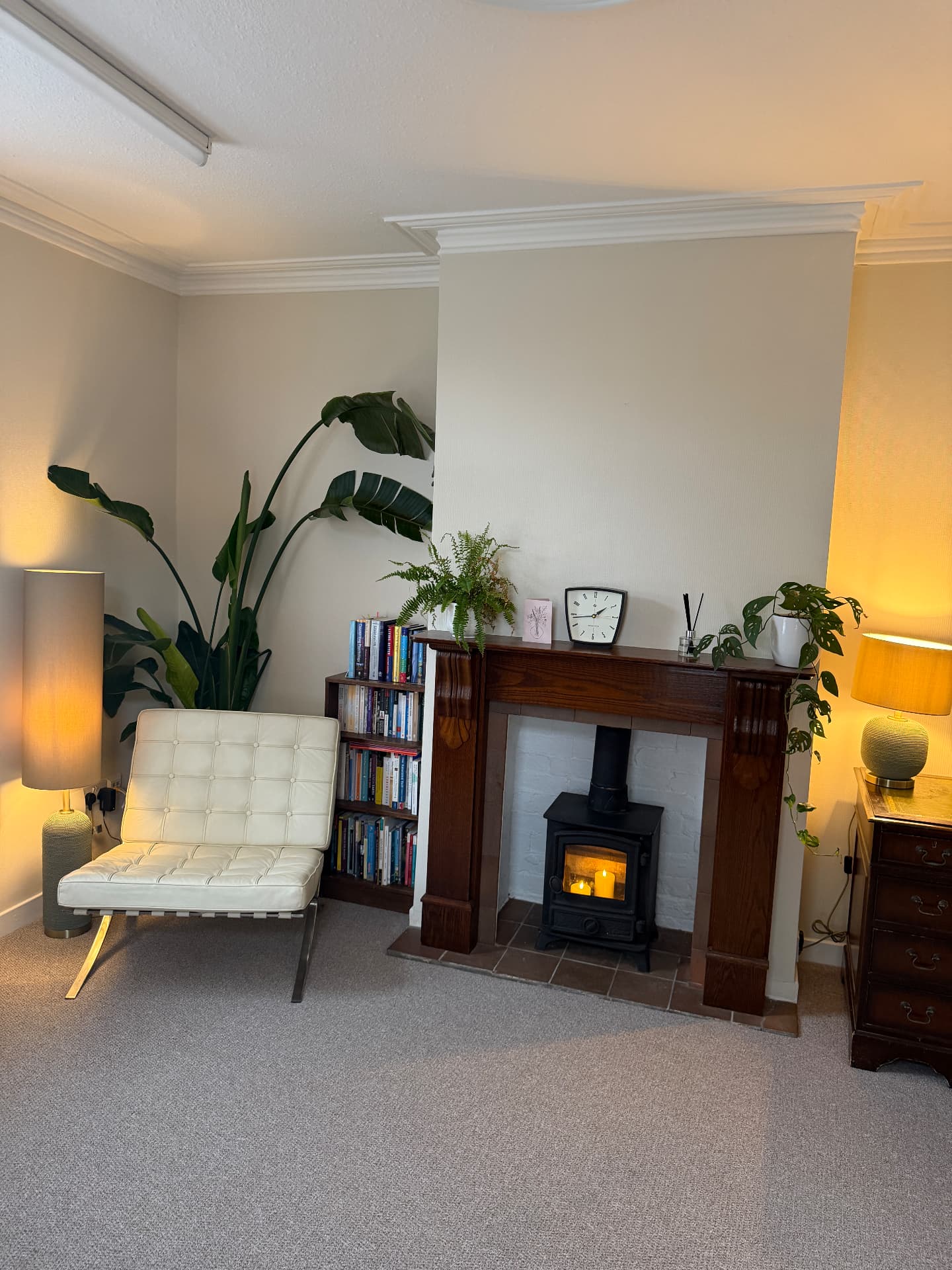 A candle-lit wood-burning stove, bookshelf and plants in the therapy room