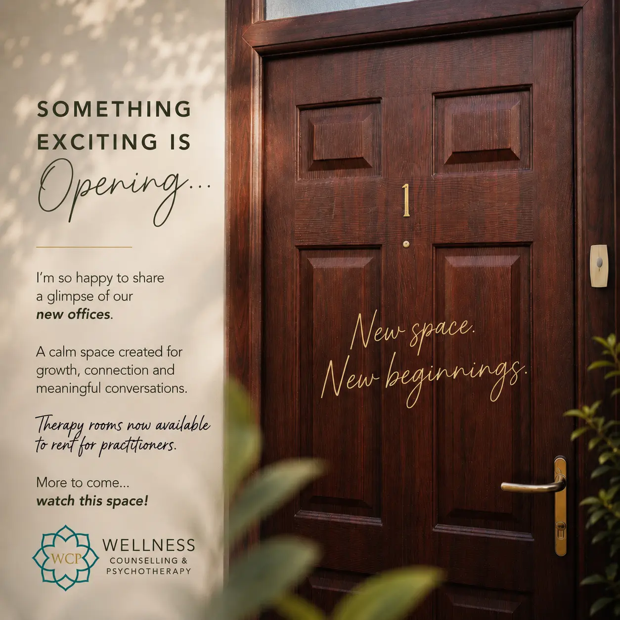 Something exciting is opening — new Wellness Counselling and Psychotherapy offices at 1 Park Lane, with therapy rooms available to rent