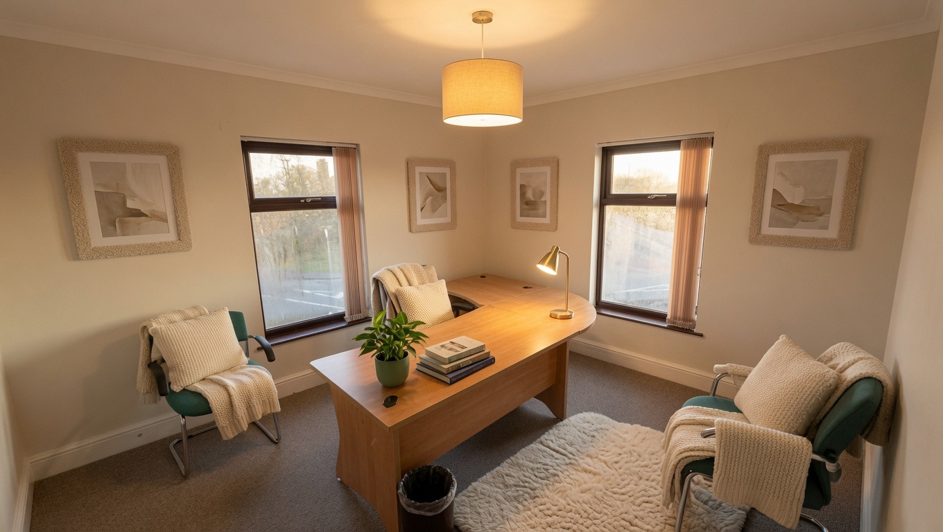 Warm, softly lit first floor therapy room with desk, armchairs and framed artwork
