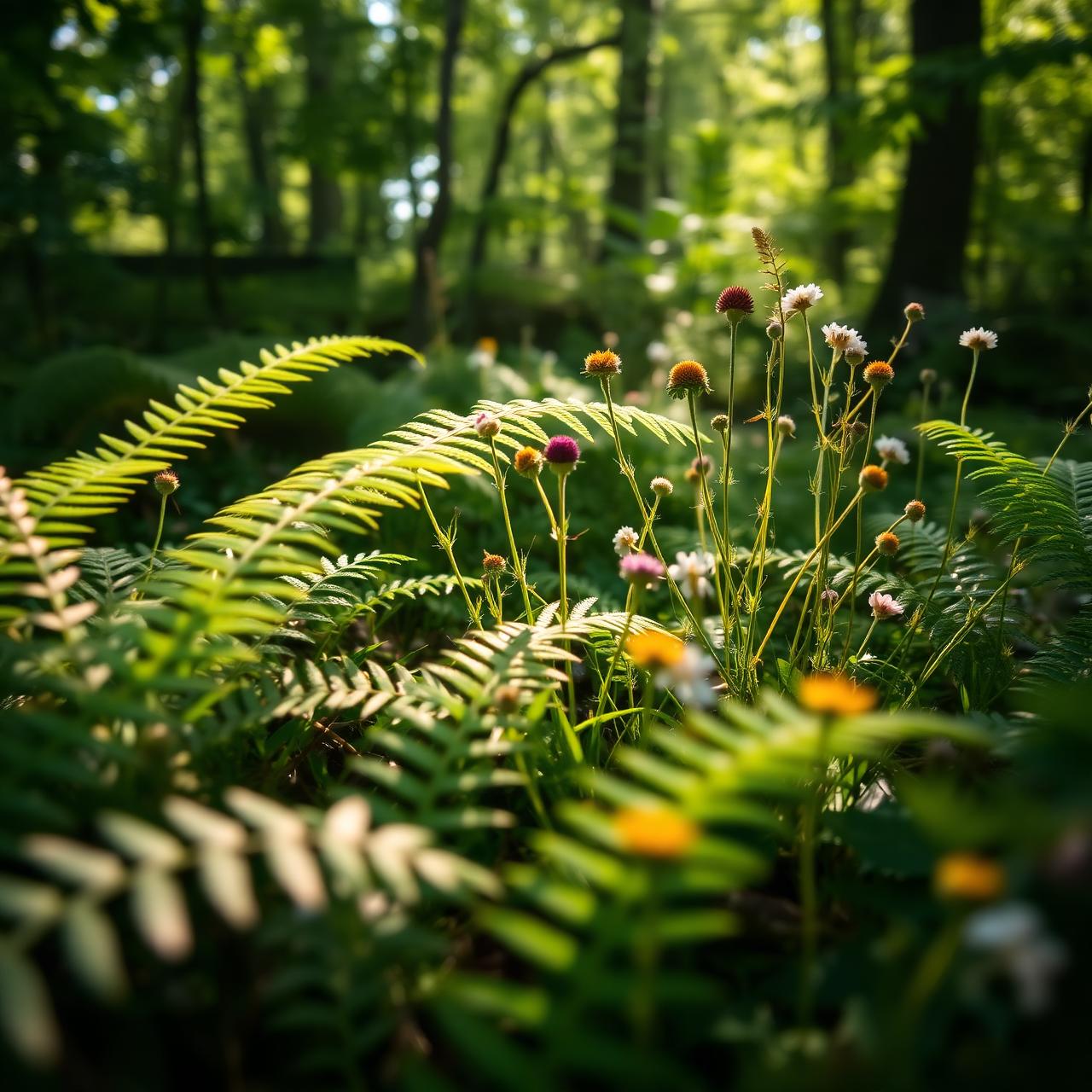 Ferns and wildflowers in a Derbyshire woodland
