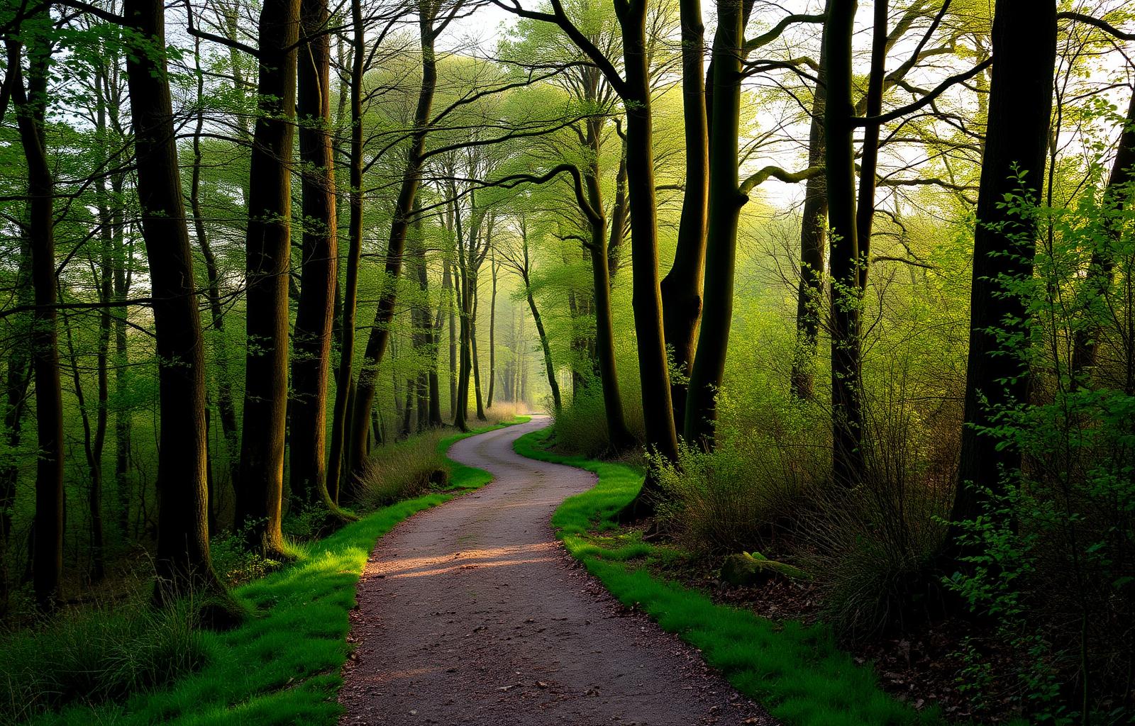 A quiet woodland path winding through Derbyshire countryside